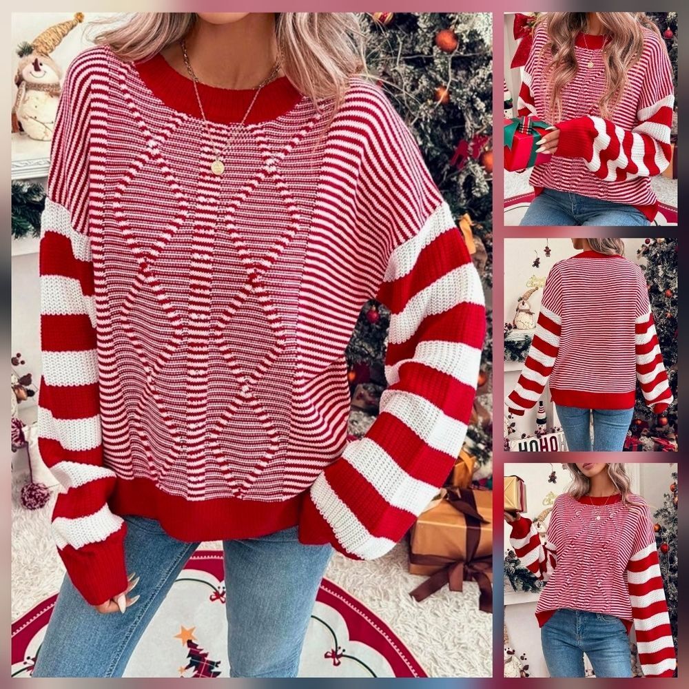 🩵🅰️NWOT Red & White Striped Knit Long Sleeve Sweater Large - Picture 4 of 16